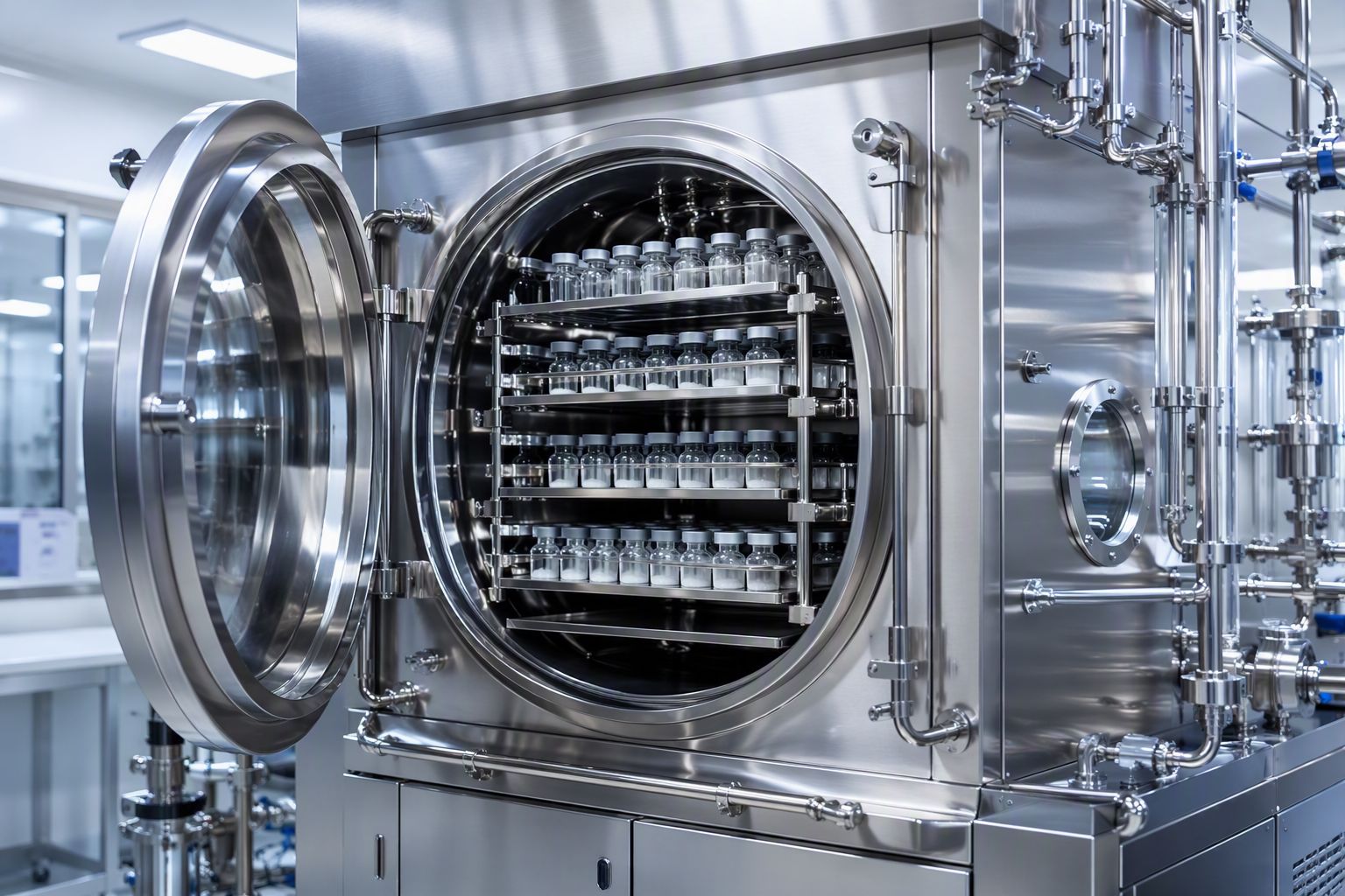 Industrial freeze dryer with open door showing multiple shelves filled with small glass vials.