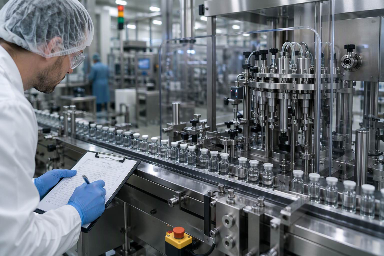 Technician in protective gear inspecting vials on a production line in a sterile manufacturing facility.