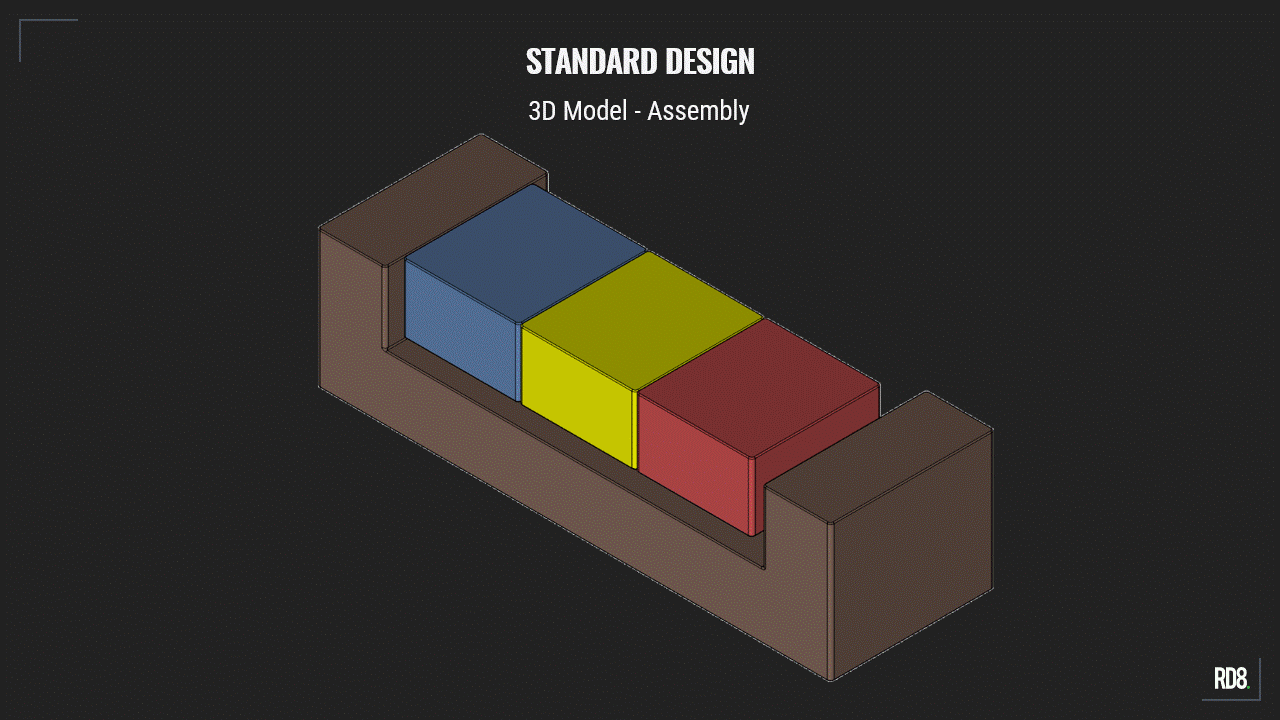 Animated 3D model comparison of standard versus optimized design with three colored blocks inside a base.