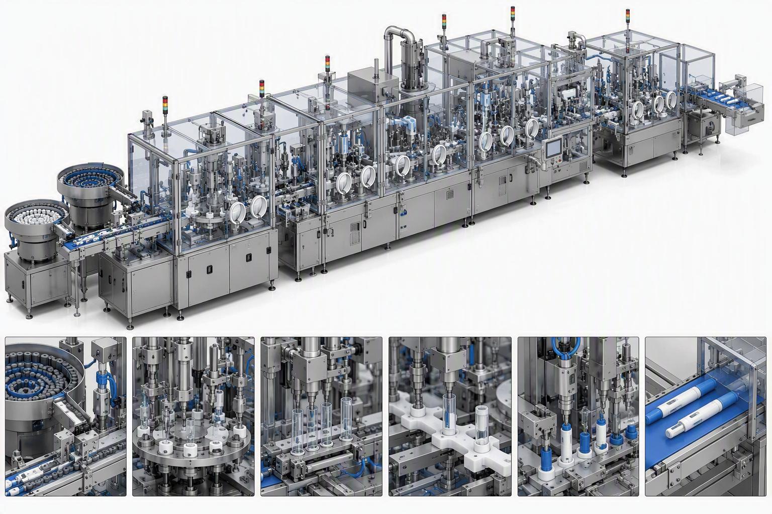Illustration of a complex linear assembly unit for a fully automated aseptic assembly line for auto-injectors