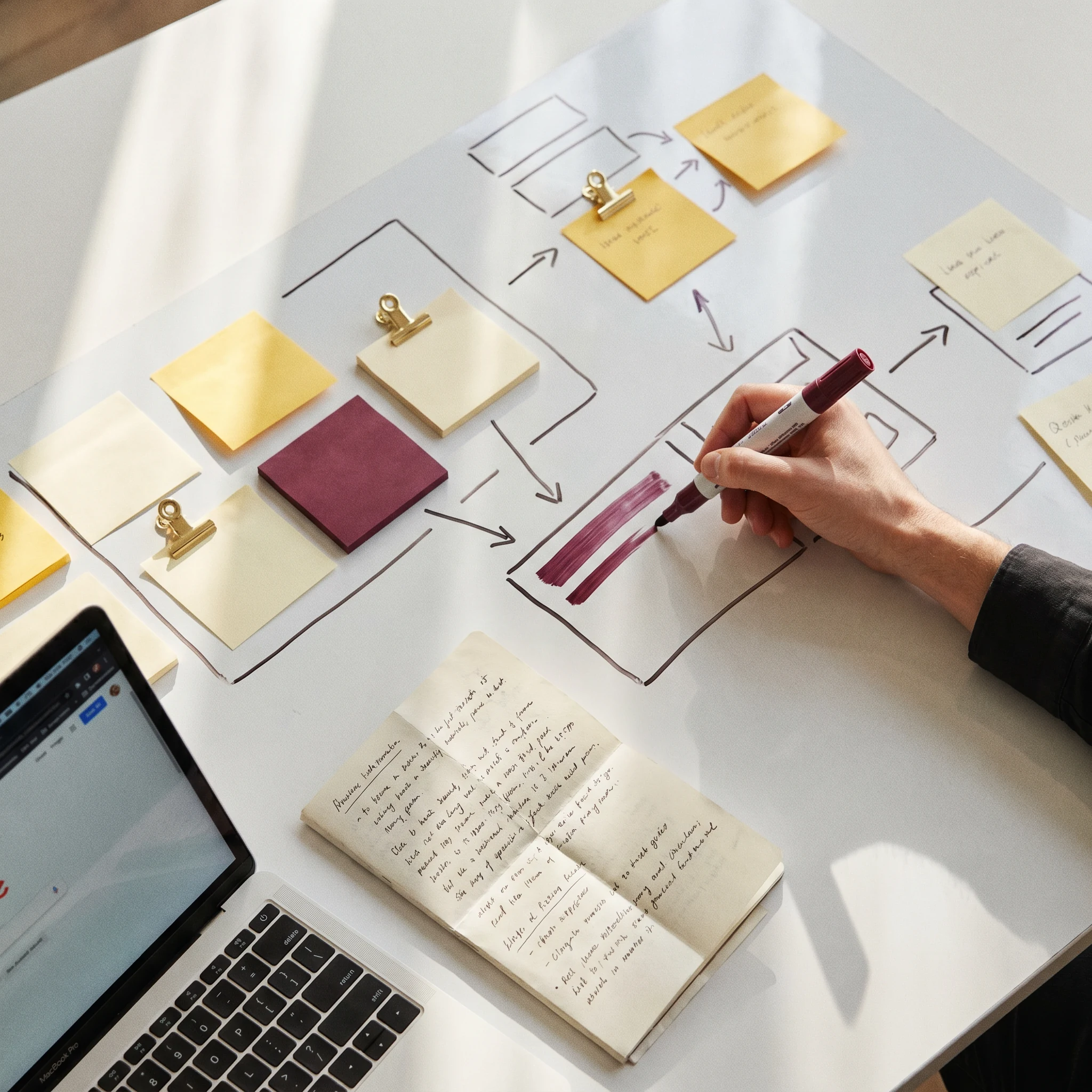 Content-Strategie — Designer-Studio: Whiteboard-Themen-Cluster, Hand mit Marker.