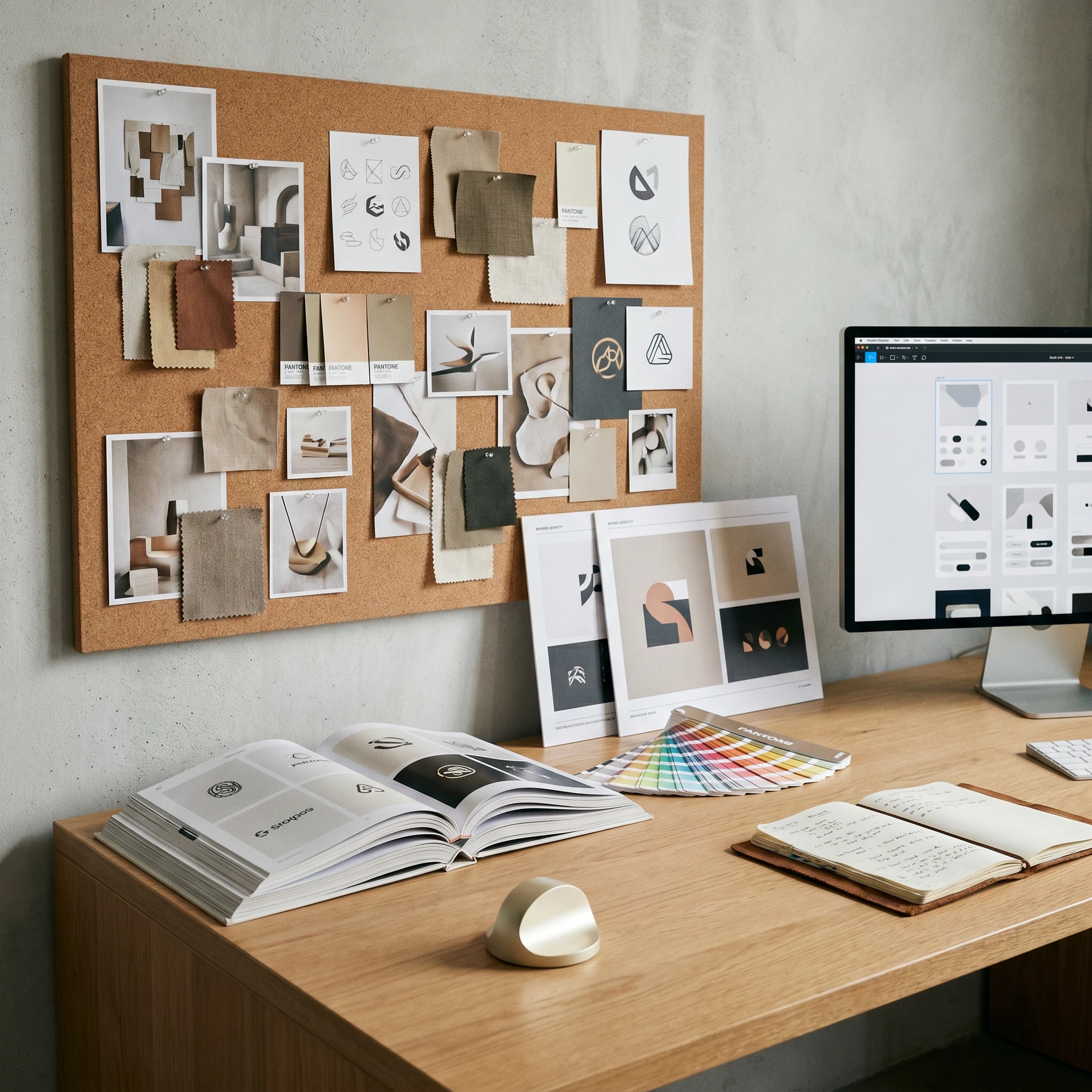 Discovery & Research — Designer-Studio: Mood-Board, Logo-Studien, Color-Chips, Brand-Magazine.