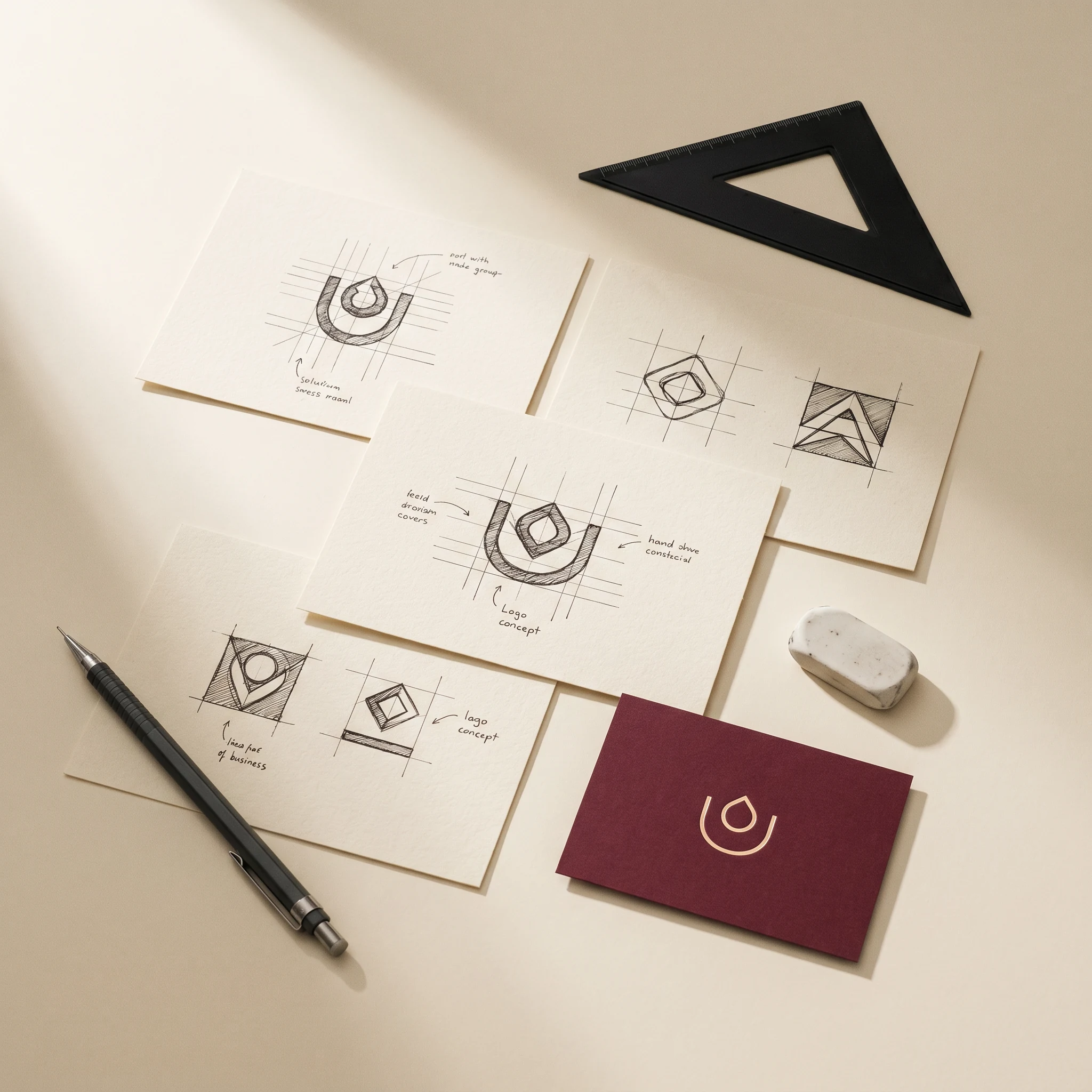 Logo & ID Systeme — Logo-Iterationen auf Papier, Geodreieck, Bleistift im Identity-Workshop.