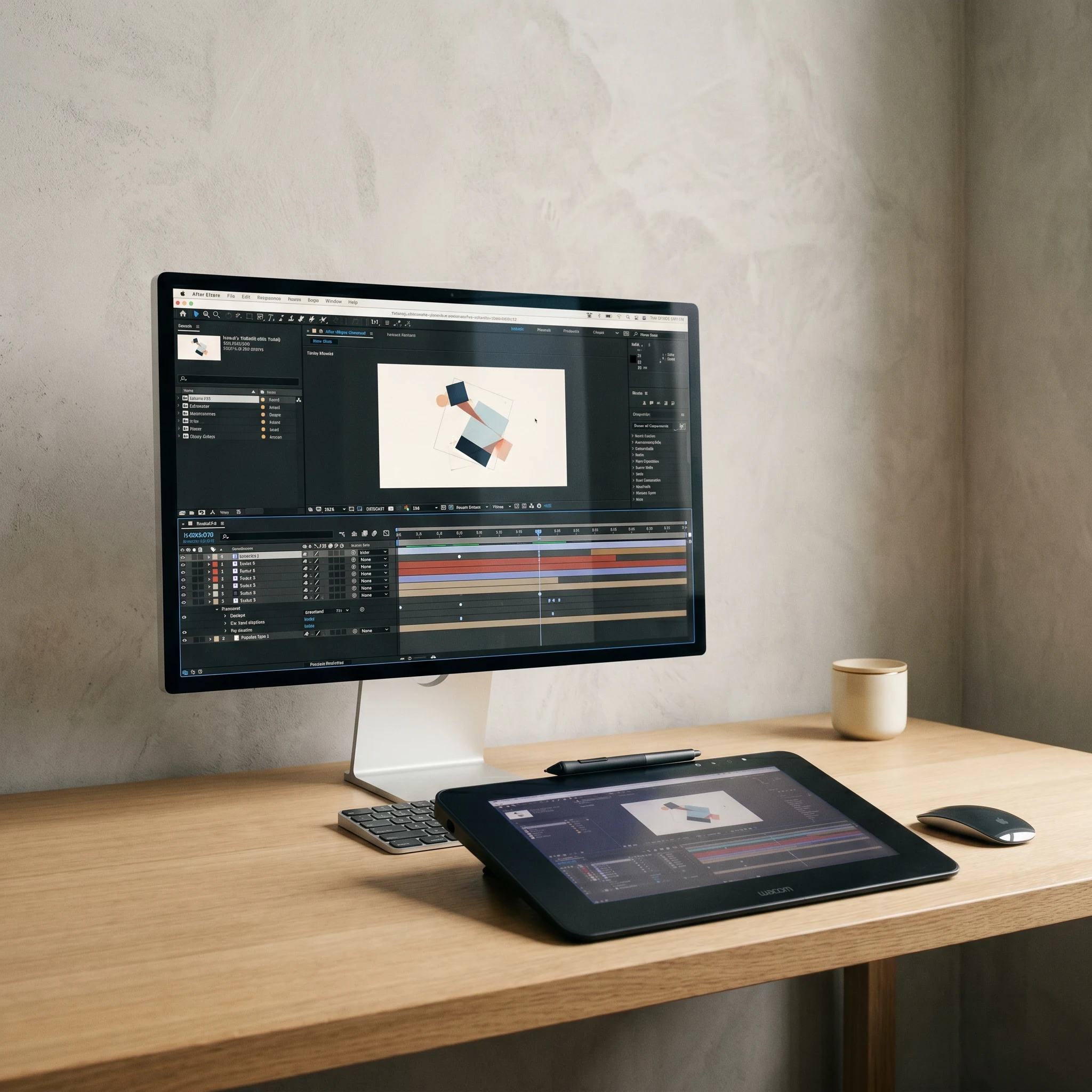 Motion Graphics — Designer-Studio: Apple Studio Display mit AE-Timeline, Wacom Cintiq Pro.