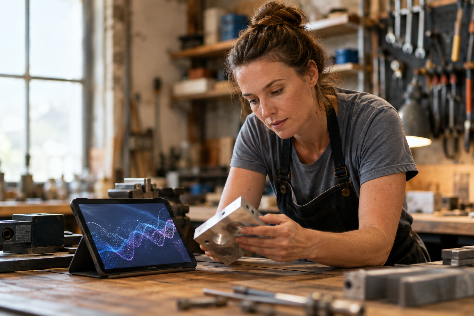 Fotografisches Editorial einer kleinen Werkstatt: eine Handwerkerin betrachtet ein Werkstück neben einem Tablet mit abstrakter Analyse