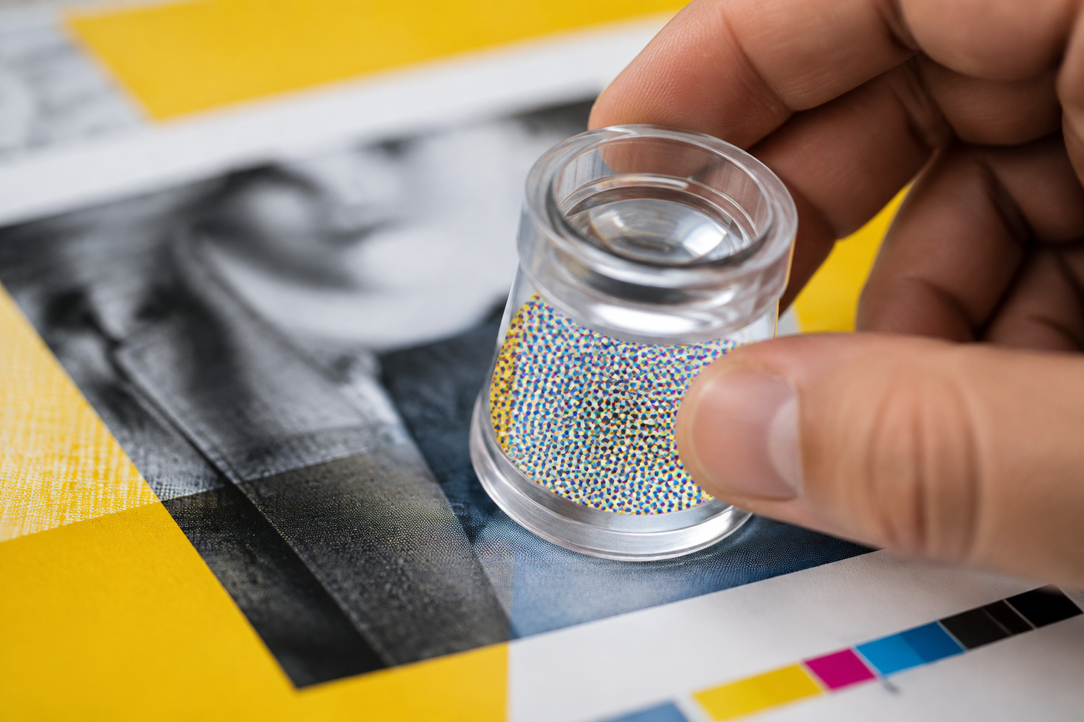 Nahaufnahme einer Hand, die mit einer transparenten Lupe Details eines gedruckten Kampagnenmotivs prüft
