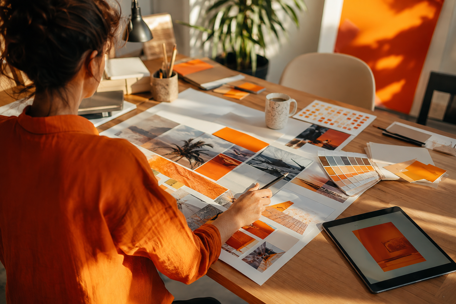 Eine Person gestaltet am großen Arbeitstisch eine Kampagne; Bildauswahl, Farbproben und Tablet liegen griffbereit
