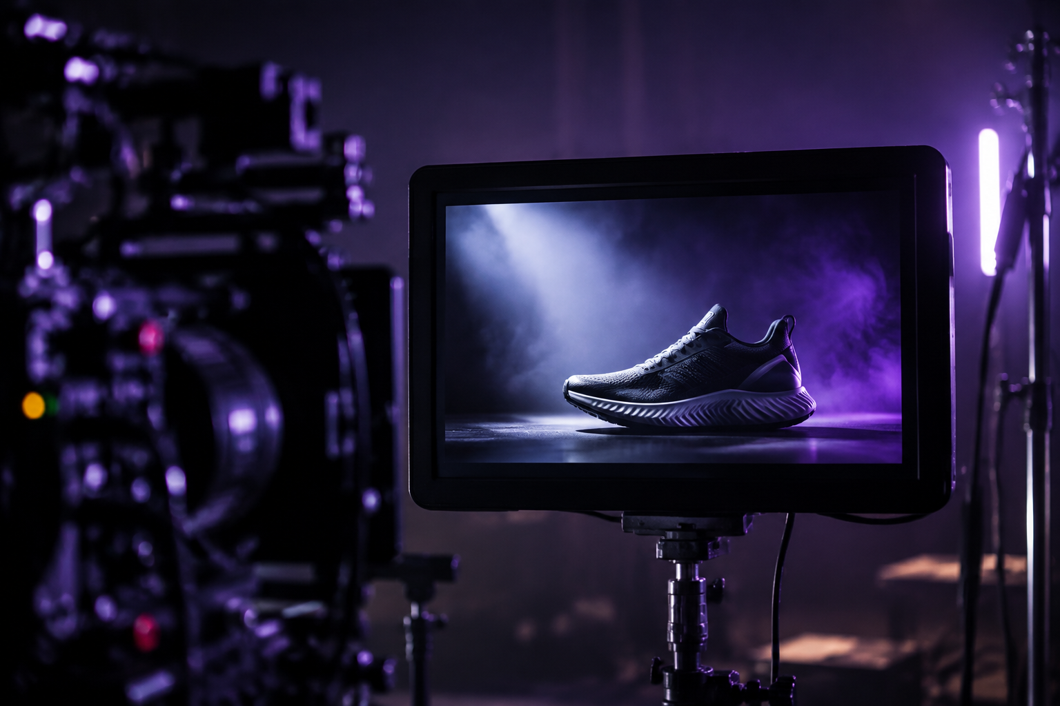 Blick auf einen professionellen Vorschaumonitor am dunklen Filmset: darauf ein dramatisch beleuchteter unbeschrifteter Sportschuh