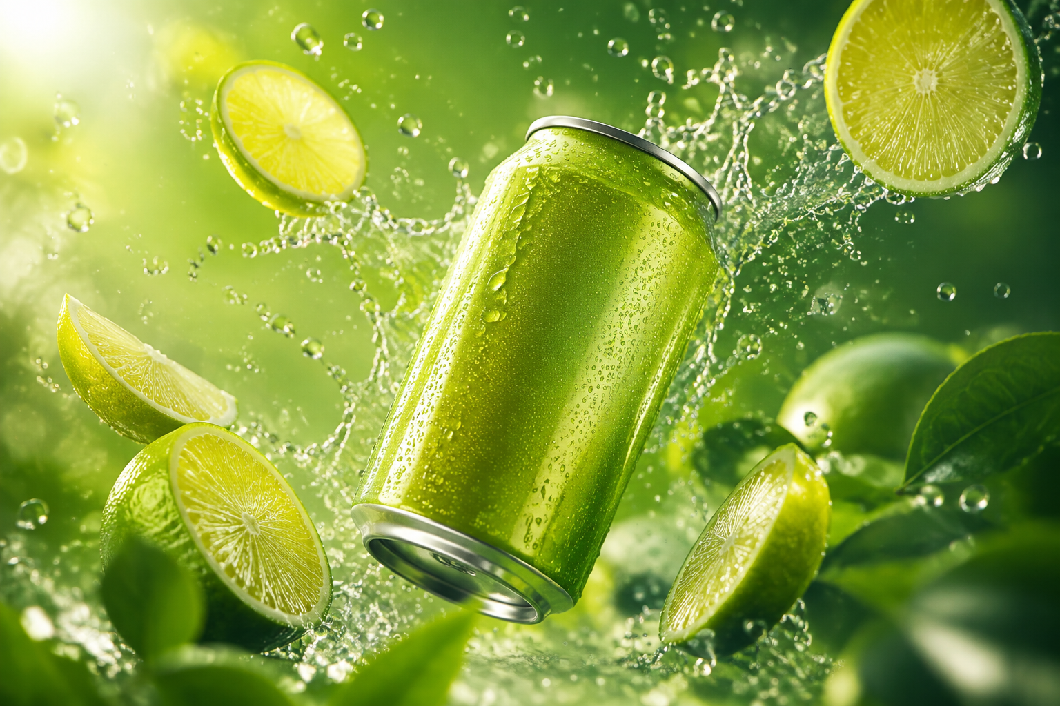 Surreale Produktinszenierung einer limettengrünen Getränkedose zwischen schwebenden Zitrusscheiben und Wassertropfen
