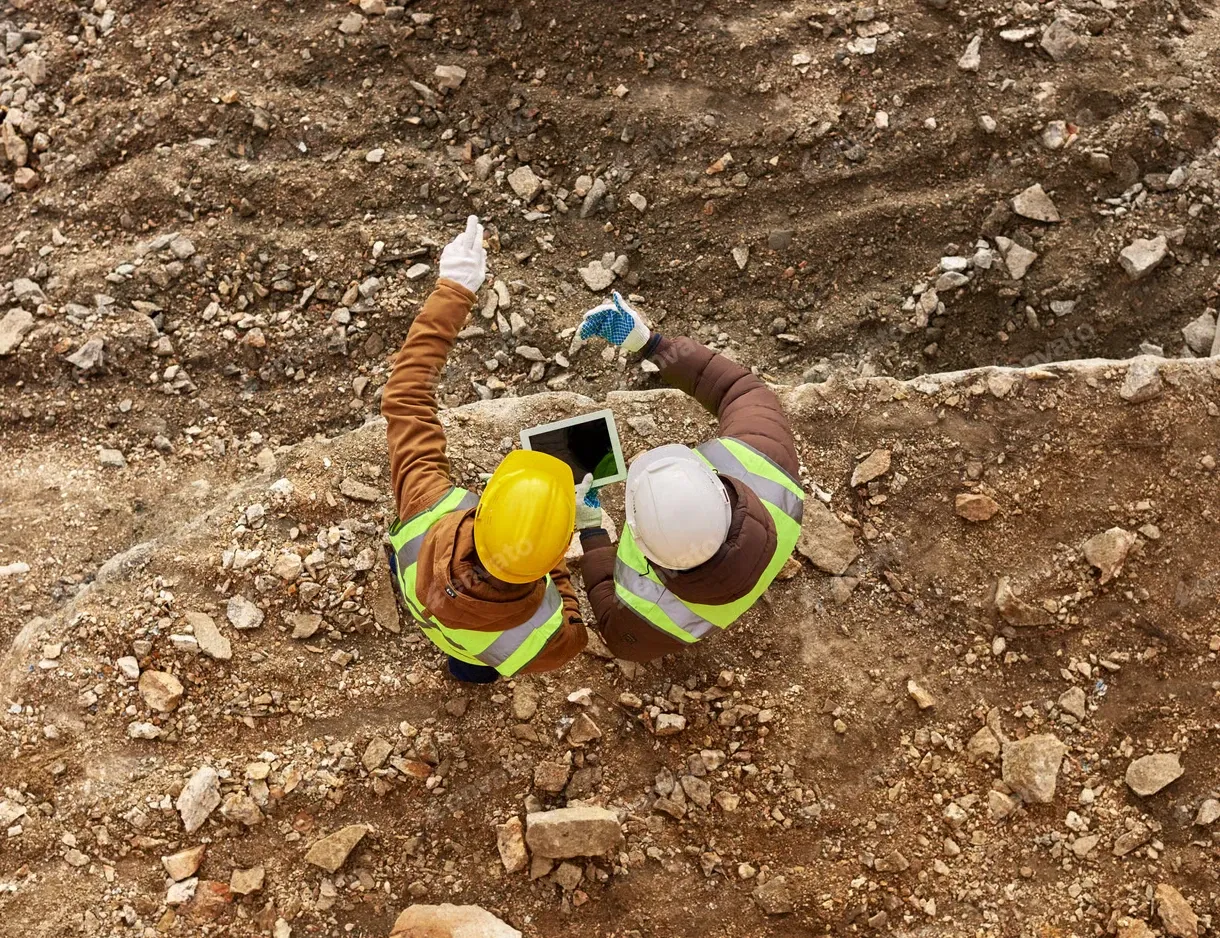 workers with helmets and vests pointing to worksite