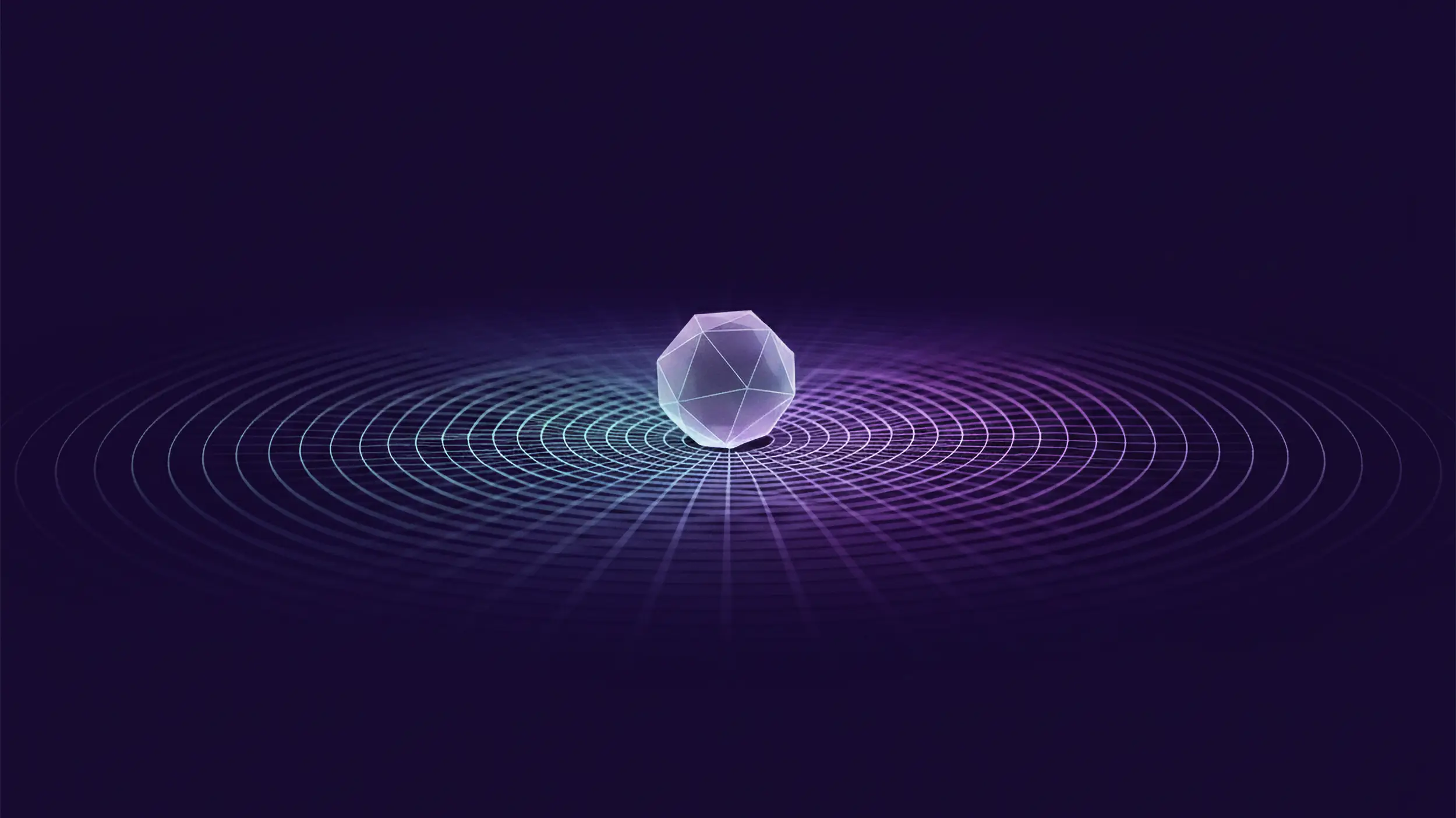 En abstrakt illustration av en kantig boll med influencer utåt i en cirkulär form på mörkblå bakgrund.