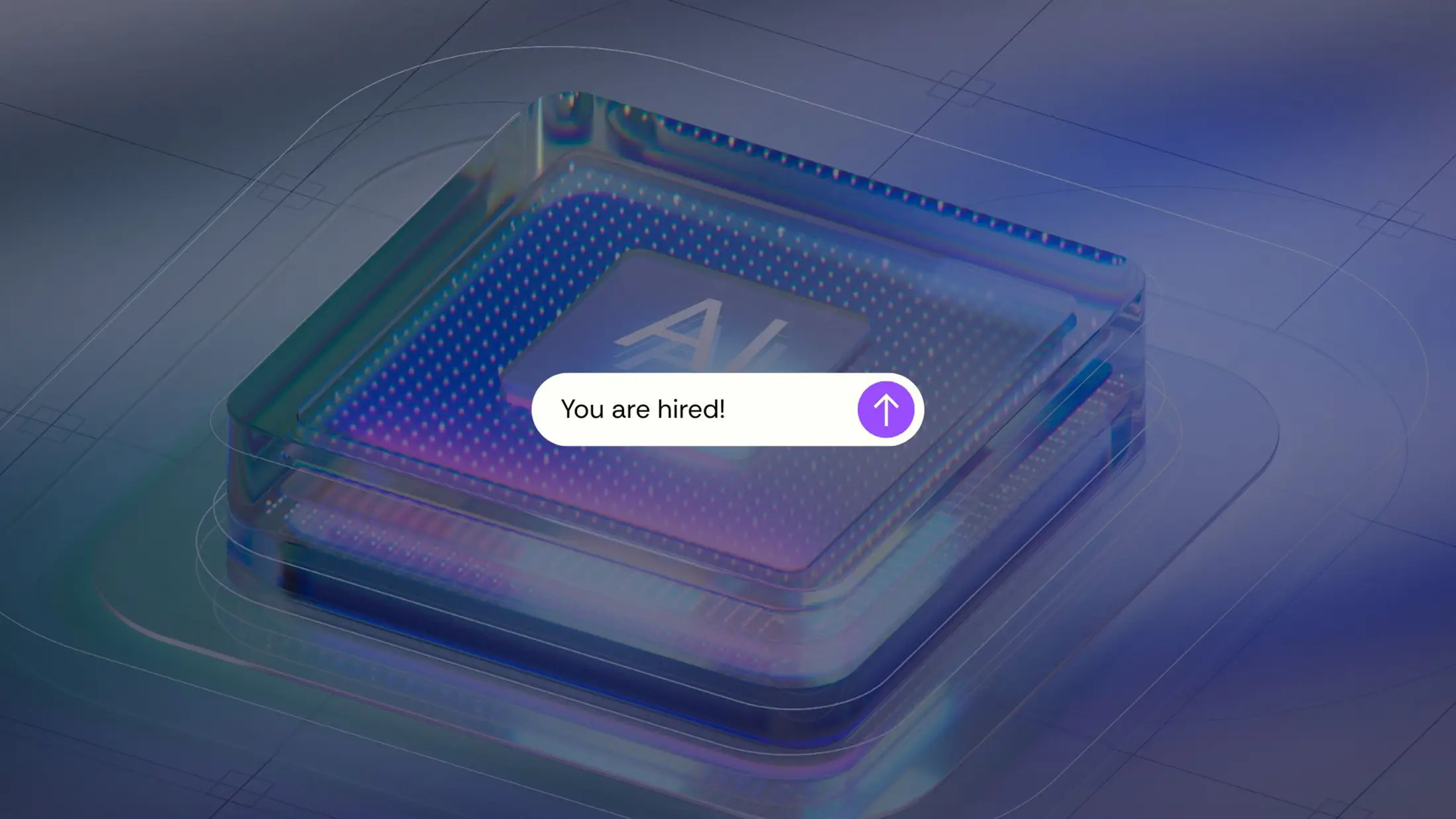 En bild på ett abstrakt AI-chipp som bakgrund med en prompt-ruta med texten "You are hired!" på.