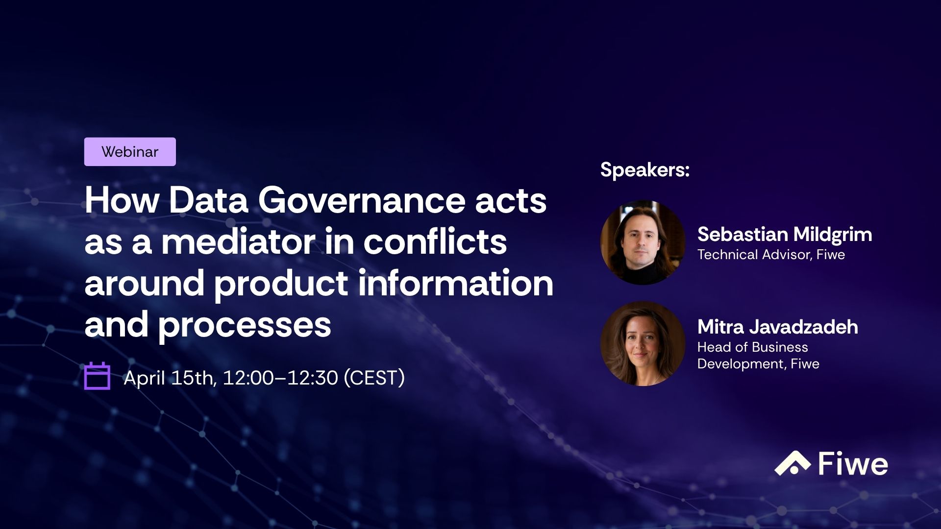 Webinar with the headline "How Data Governance acts as a mediator in conflicts around product information and processes"