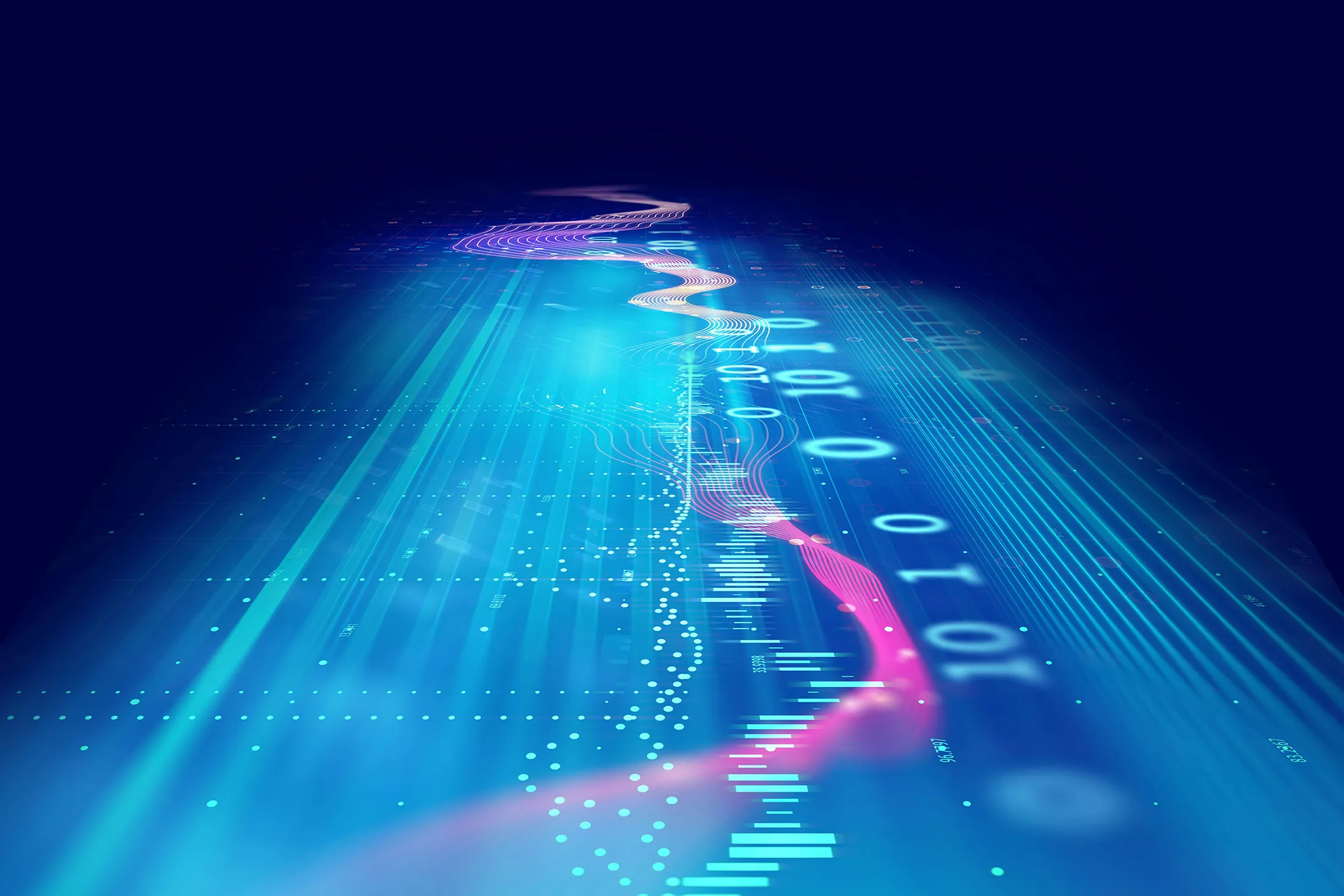 An abstract illustration of glowing data streams, binary digits, and charts flowing across a dark blue surface.
