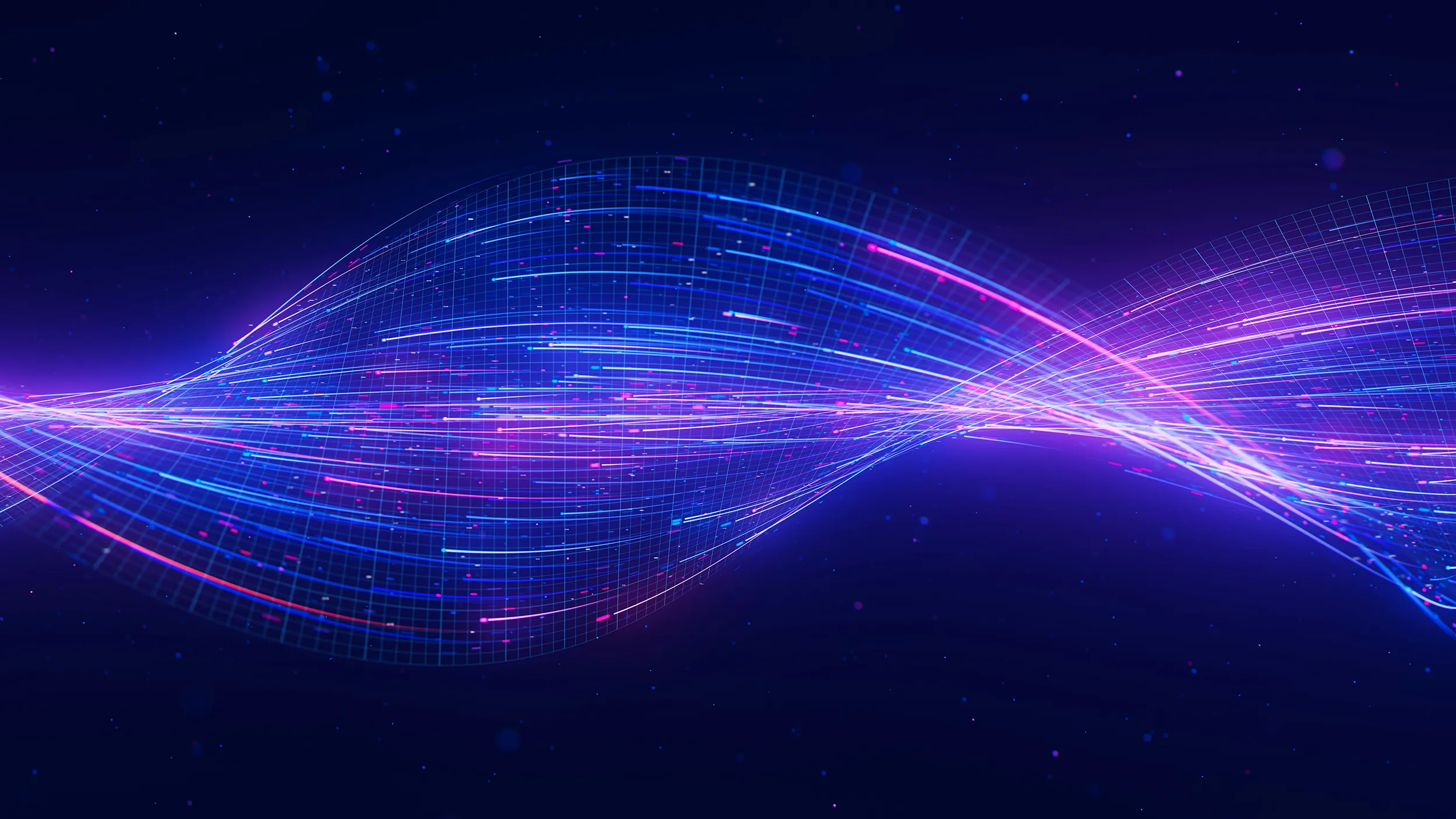 An abstract illustration of glowing blue and purple light streams flowing through a wave-shaped grid against a dark background.