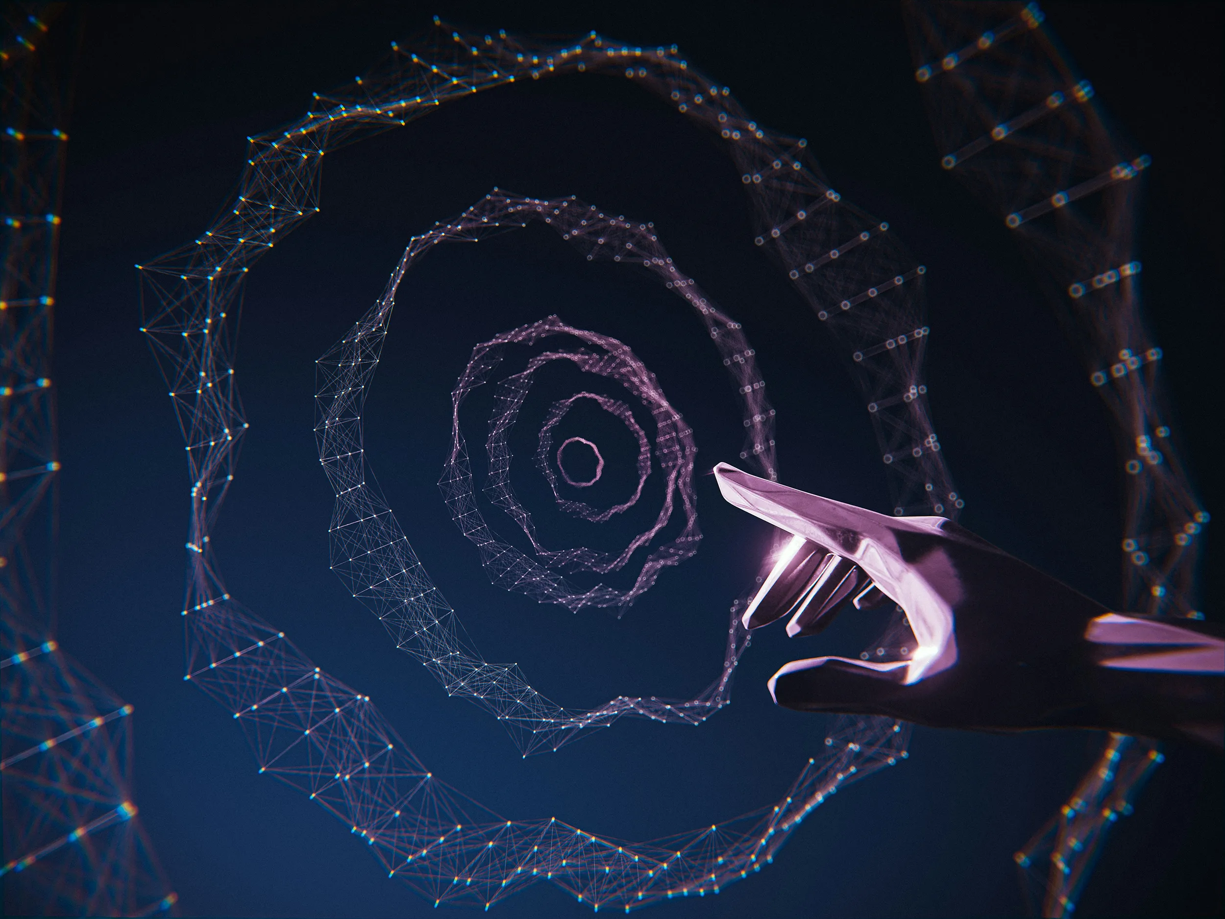 Abstrakt digital illustration av en hand som pekar mot koncentriska lager av sammankopplade datapunkter och nätverksstrukturer, som symboliserar AI, användargränssnitt och informationsarkitektur.