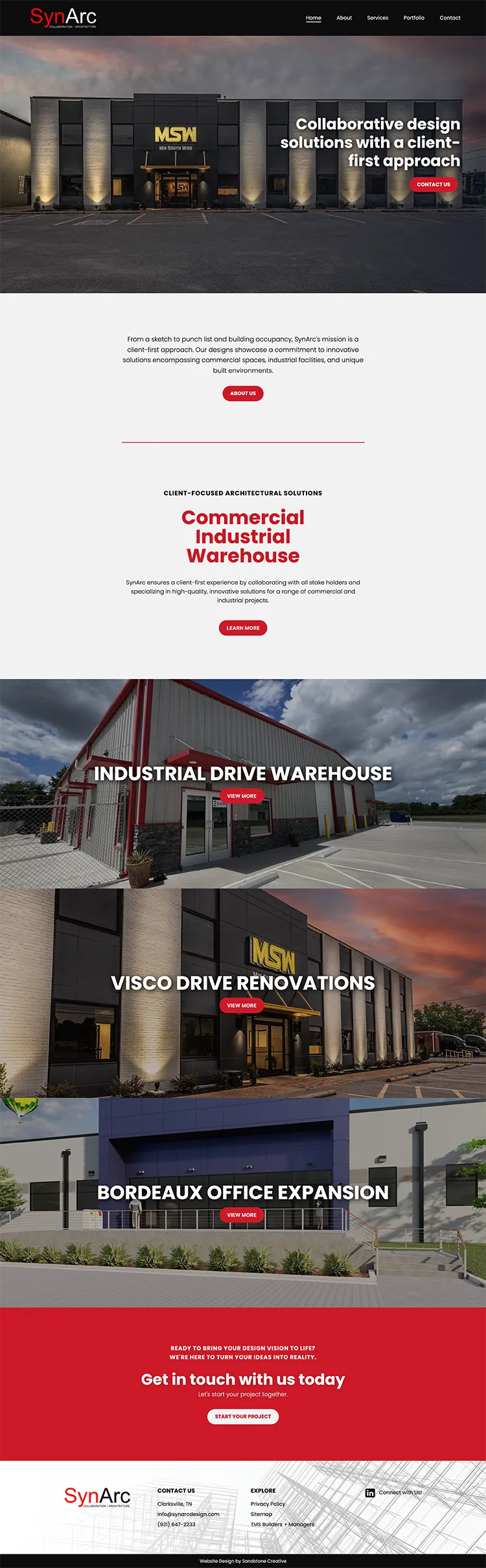 Full screen shot of SynArc Design's finished homepage on their website.
