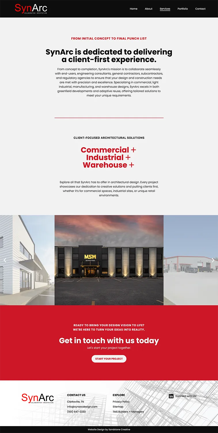 Full page screenshot showing SynArc Designs services page on their finished website.