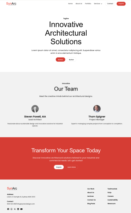 About SynArc page design mockup for SynArc Design