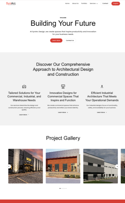 Services page design mockup for SynArc Design
