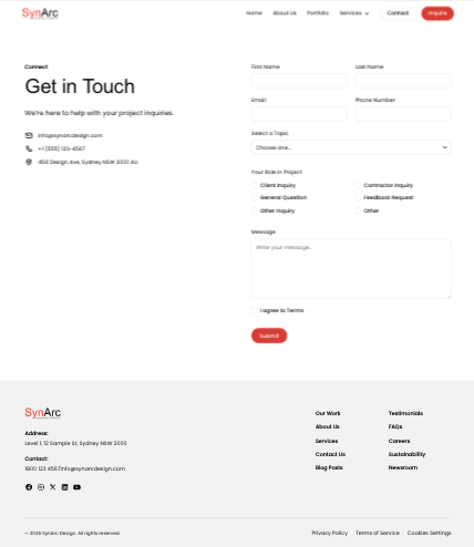 Contact page design mockup for SynArc Design