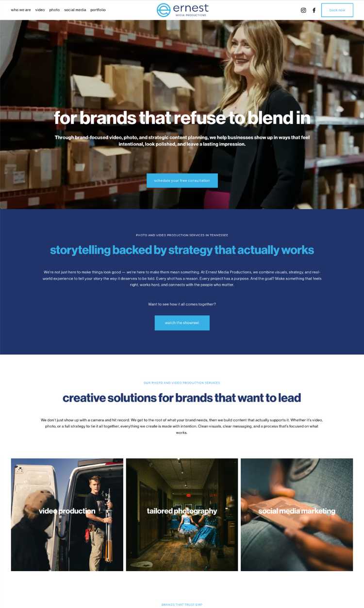 Screenshot of finished homepage on Ernest Media Productions website