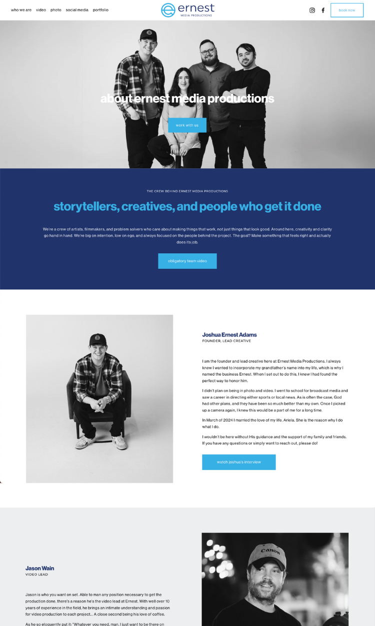 Ernest media productions screenshot of about us page on finished website