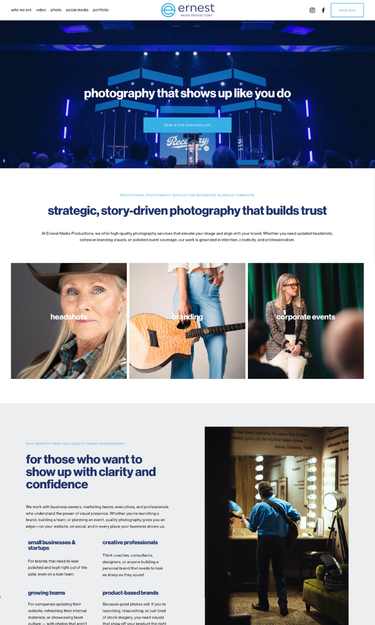 Screenshot of finished Photo Services page on Ernest Media Productions website
