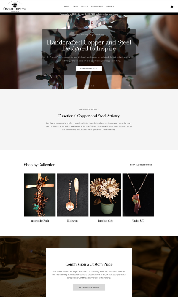 Screenshot of finished Home Page on Oxcart Dreams new Website by Sandstone Creative