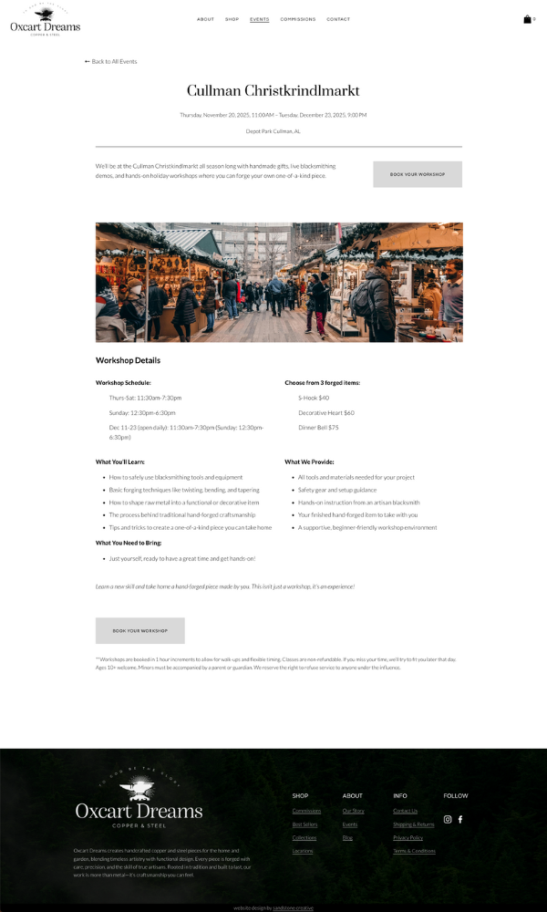 Screenshot of finished Event Page on Oxcart Dreams new Website by Sandstone Creative