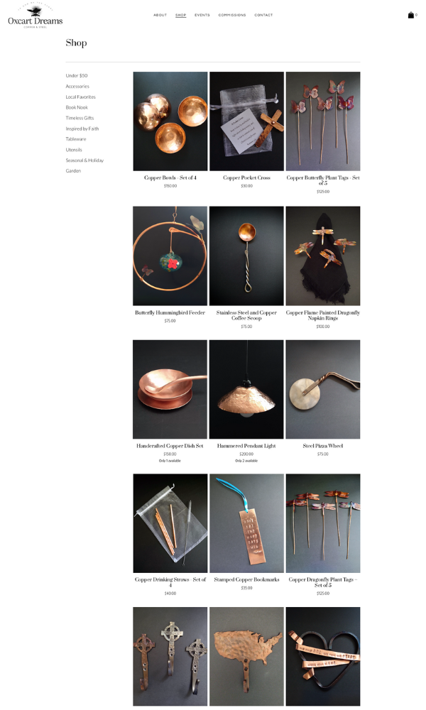 Screenshot of finished Products Page on Oxcart Dreams new Website by Sandstone Creative