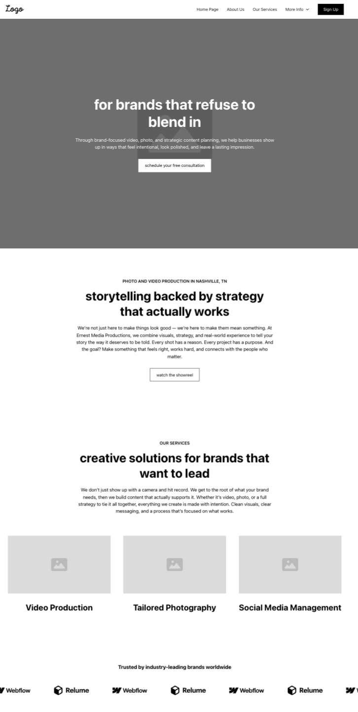 A screenshot of Ernest Media Productions homepage wireframe by Sandstone Creative