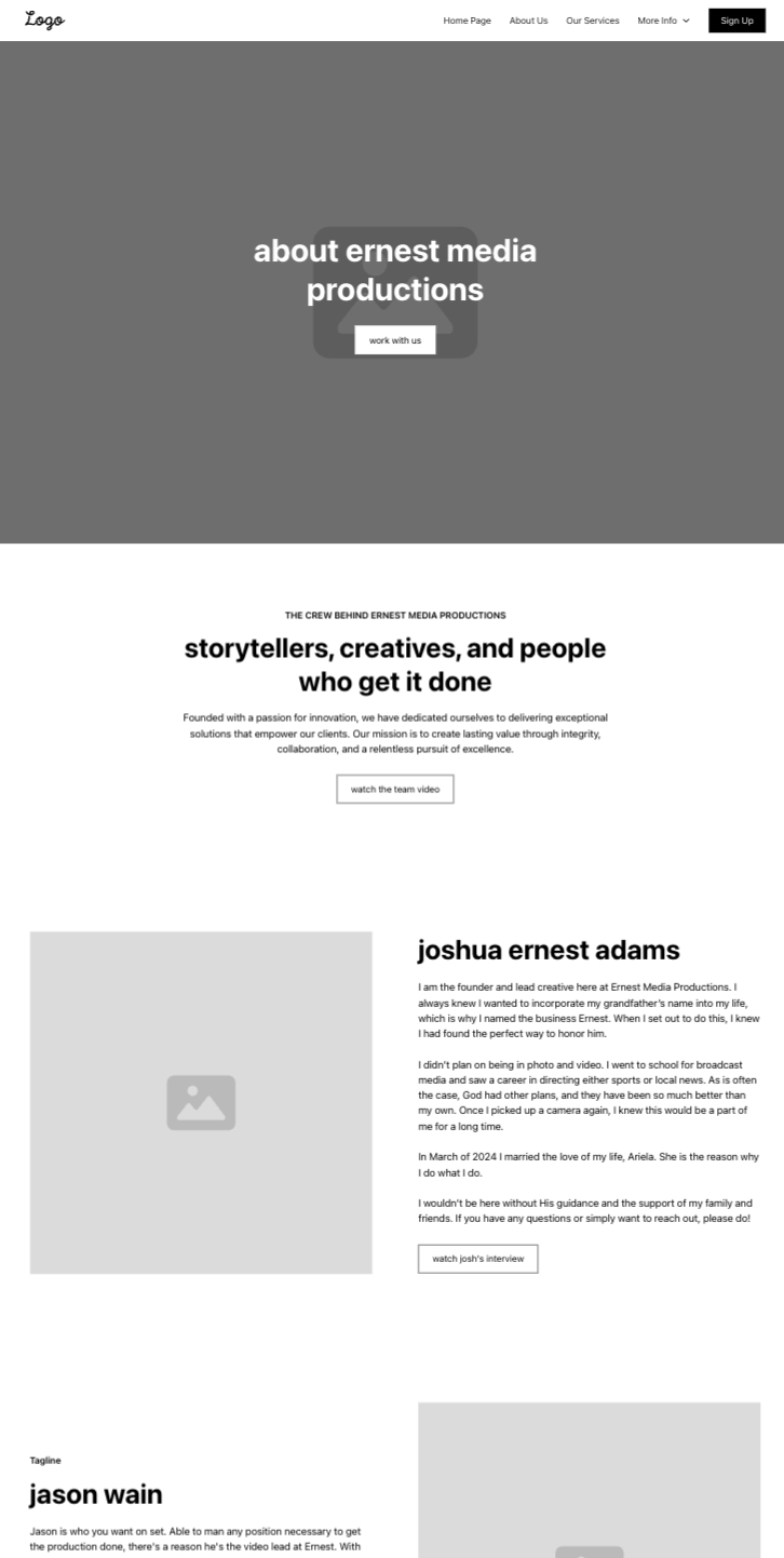 A screenshot of Ernest Media Productions about page wireframe by Sandstone Creative