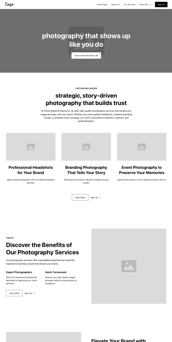 A screenshot of Ernest Media Productions photography overview page wireframe by Sandstone Creative