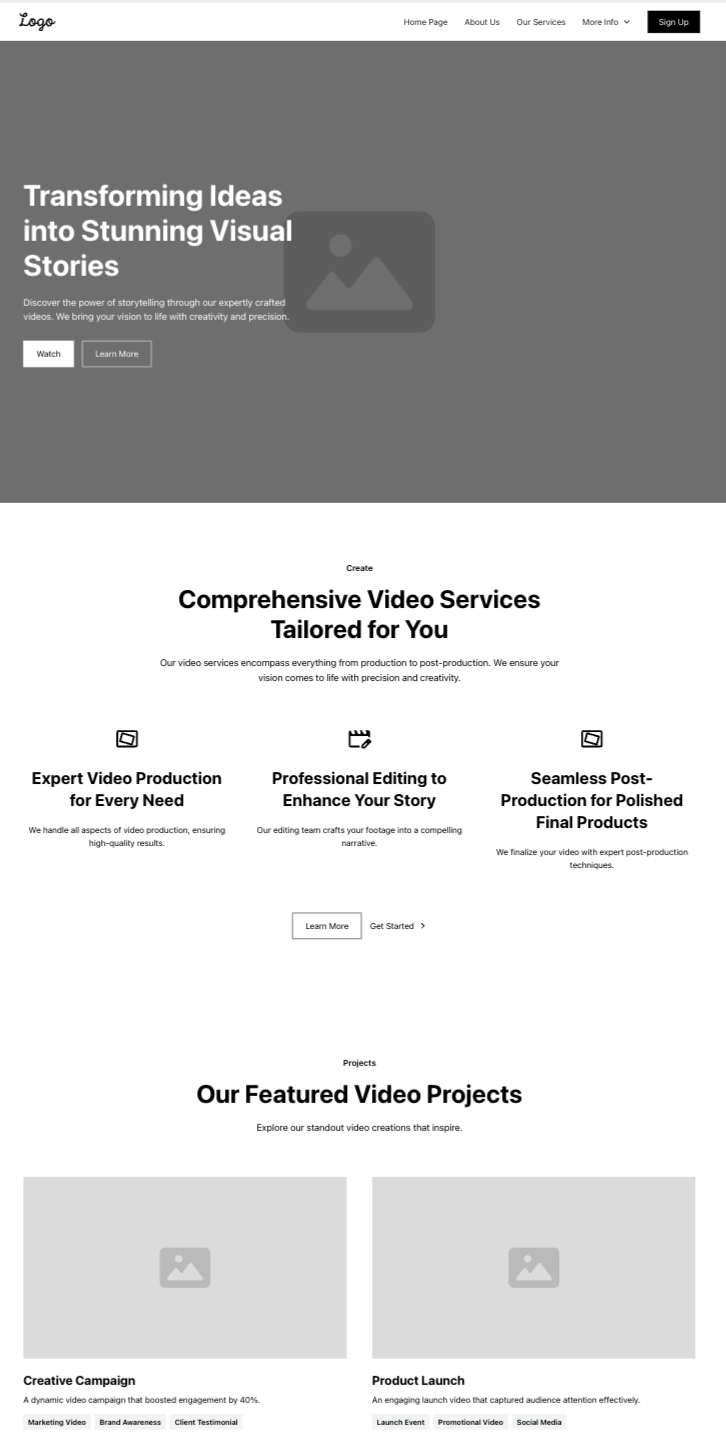 A screenshot of Ernest Media Productions video services page wireframe by Sandstone Creative