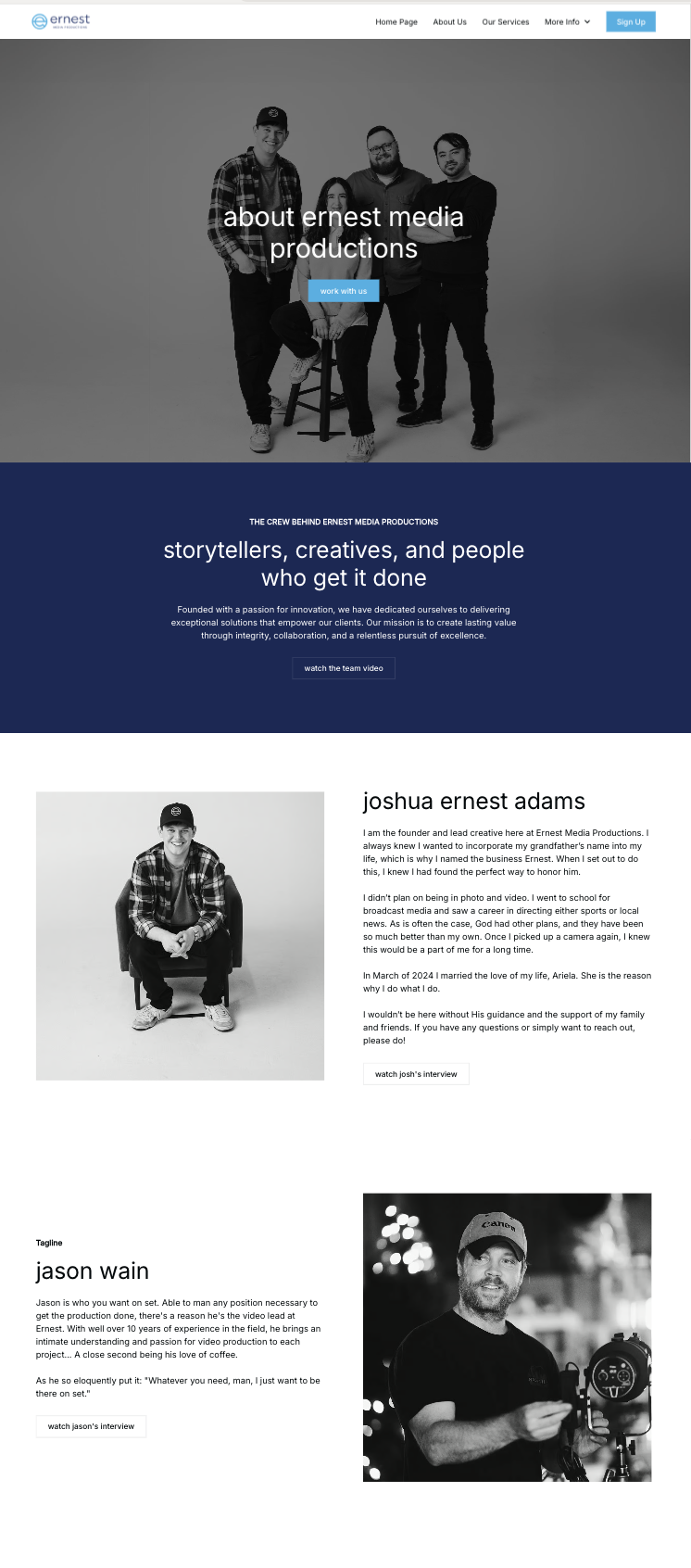 A screenshot of Ernest Media Productions about page design wireframe by Sandstone Creative