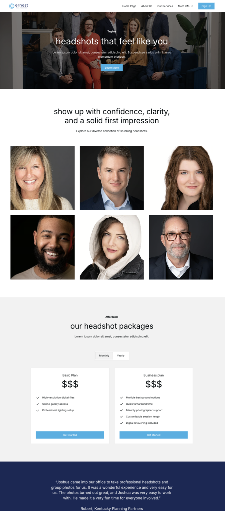 A screenshot of Ernest Media Productions headshot overview page design wireframe by Sandstone Creative