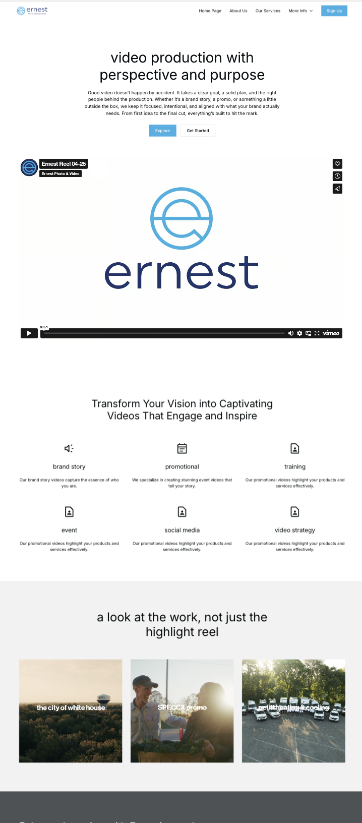 A screenshot of Ernest Media Productions video overview page design wireframe by Sandstone Creative