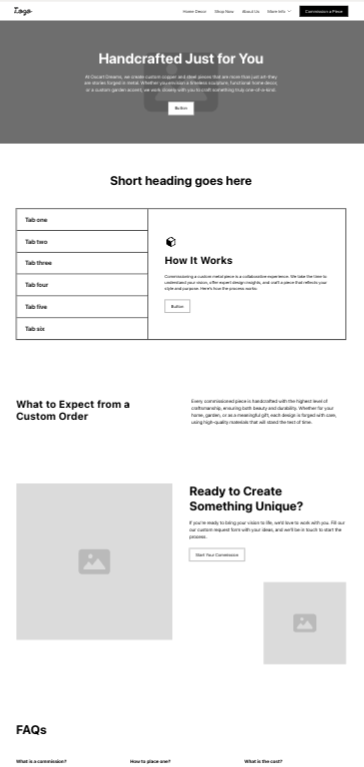 Screenshot of Oxcart Dreams commissions information page wireframe by Sandstone Creative