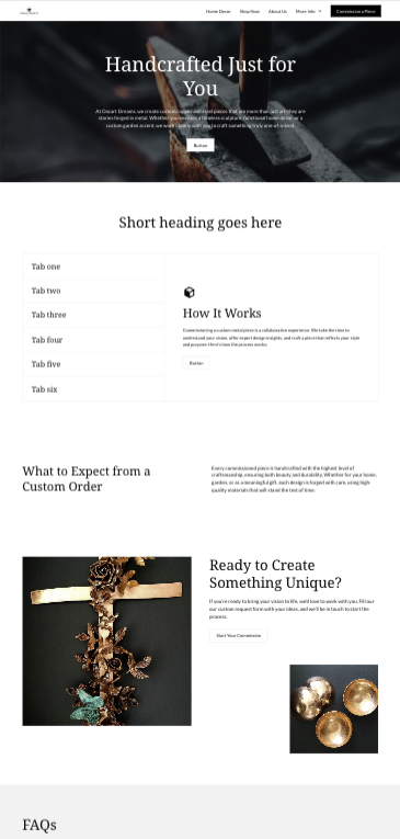 Screenshot of Oxcart Dreams commission information page design wireframe by Sandstone Creative