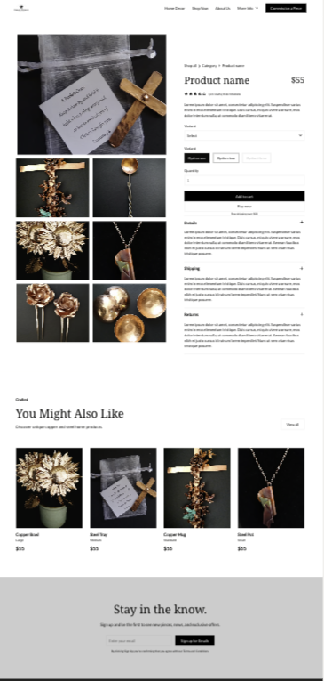 Screenshot of Oxcart Dreams product page design wireframe by Sandstone Creative