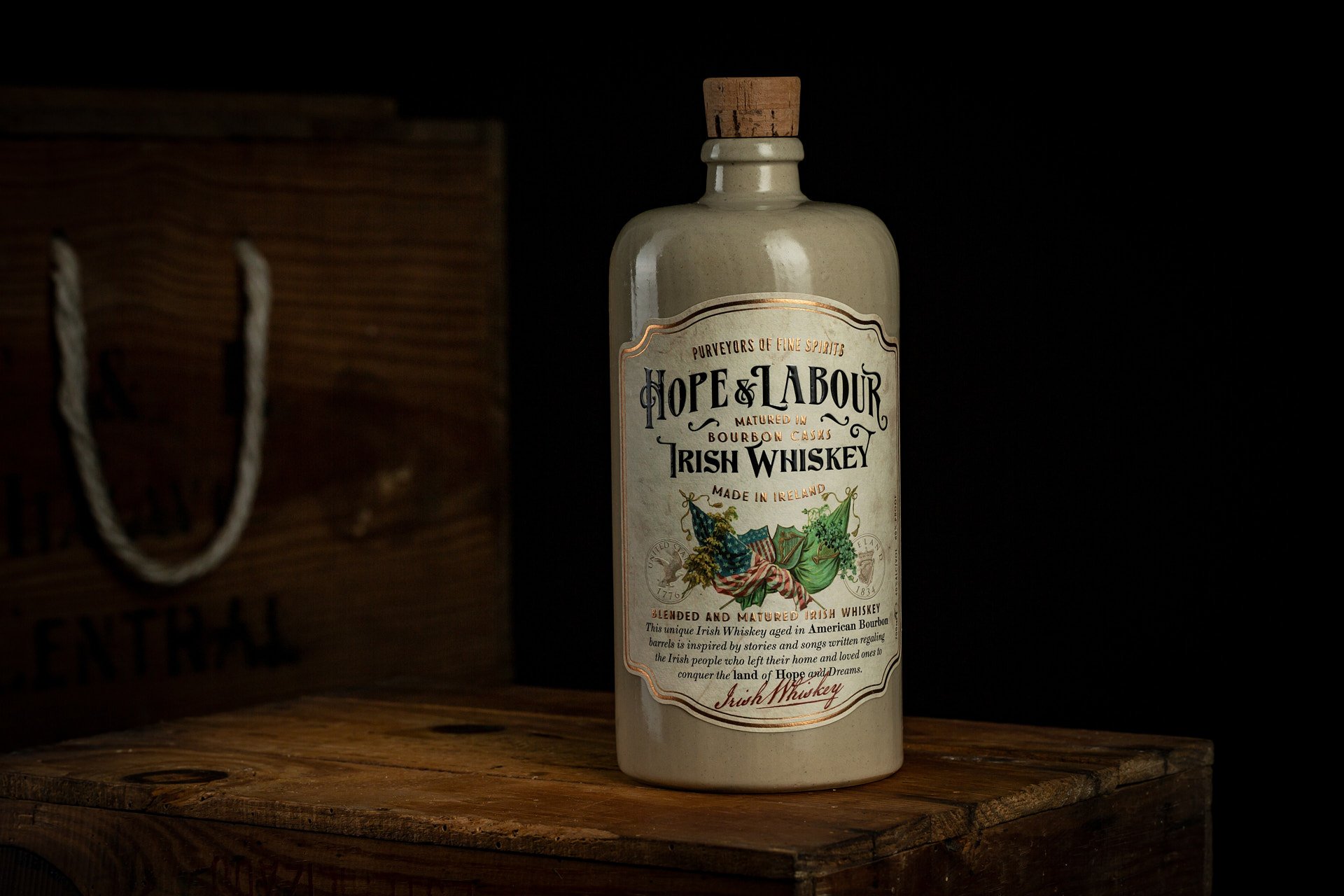 Full Hope and Labour whiskey bottle, front-facing