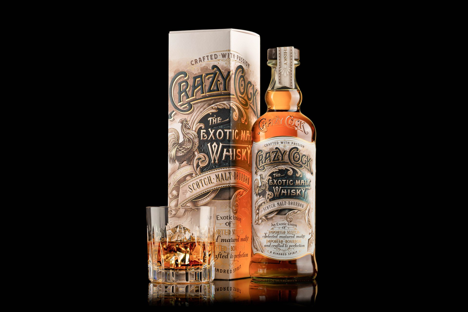 Full Crazy Cock Scotch whiskey bottle, front-facing