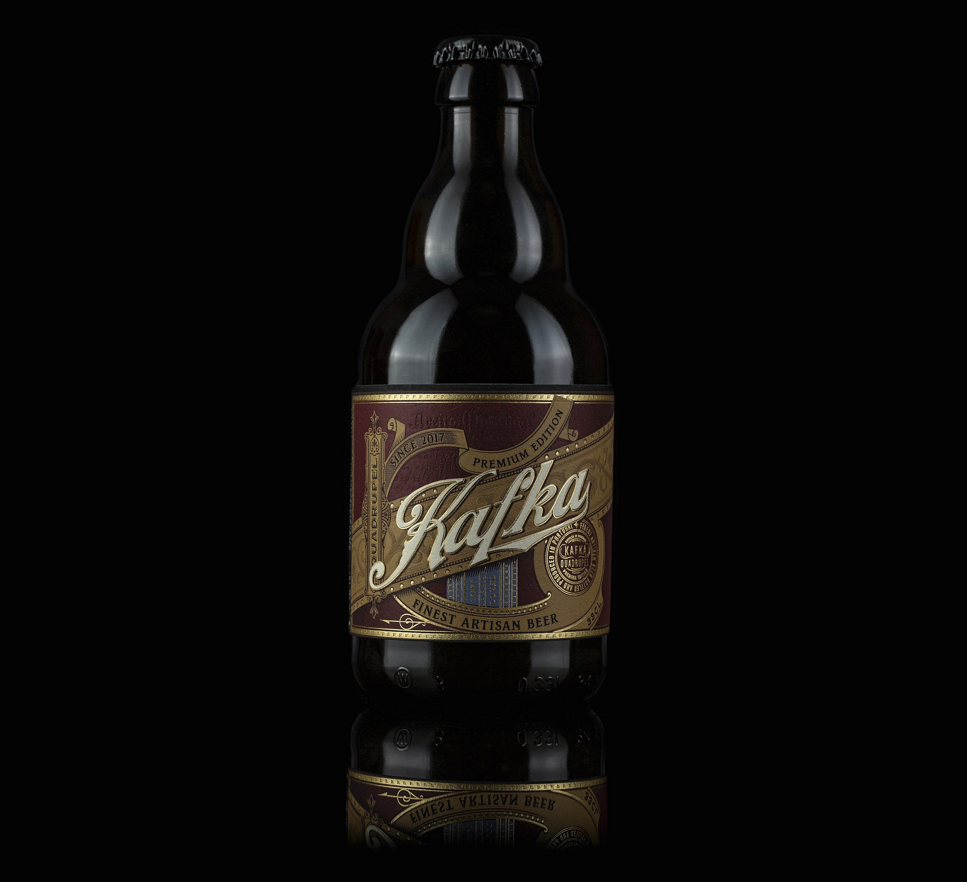 Full Kafka beer bottle, front-facing