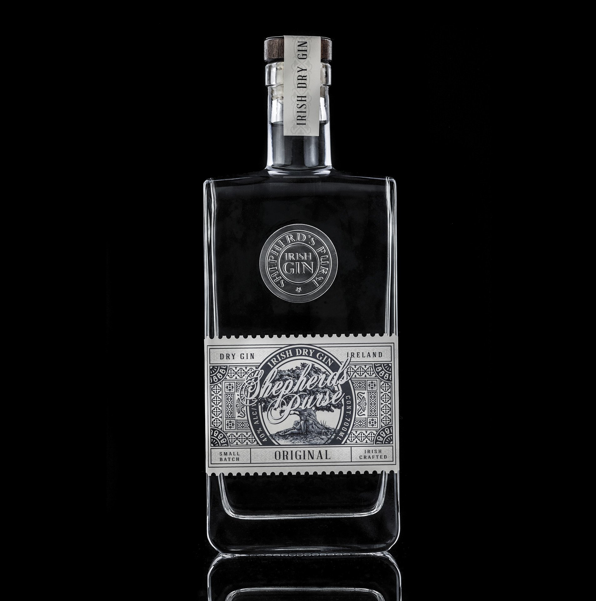 Full Shepherd’s Purse Gin Bottle Branding gin bottle, front-facing