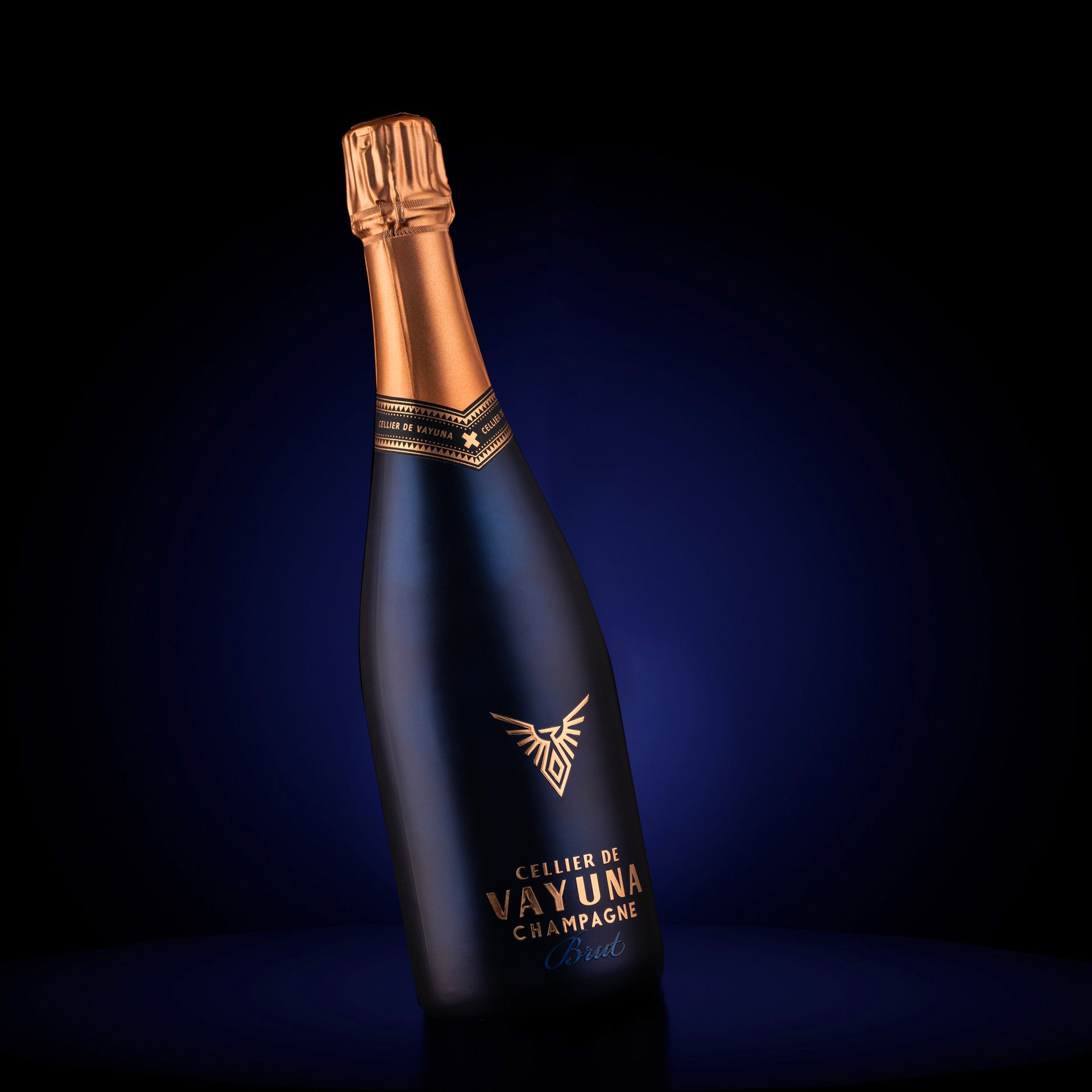 Full Vayuna Champagne spirits bottle, front-facing