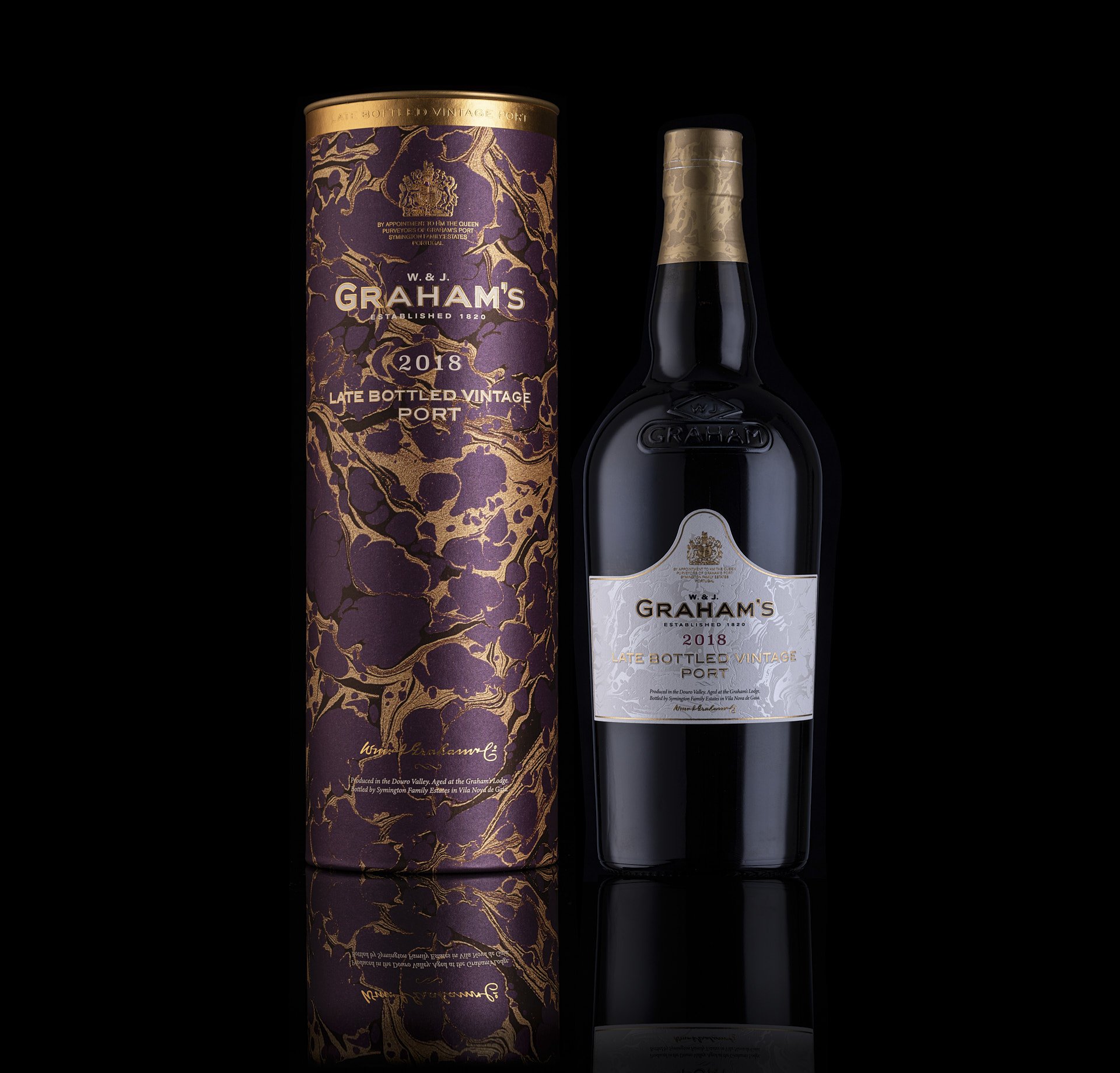 Full Graham’s 2018 Late Bottled Vintage Port spirits bottle, front-facing