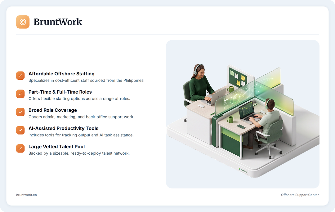 Isometric illustration of two remote professionals collaborating across connected workstations, representing BruntWork’s global remote staffing and outsourcing services with green gradient accents.
