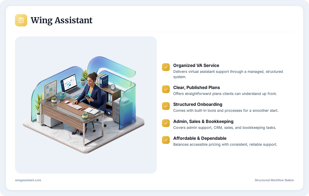 Isometric illustration of a professional remote assistant managing an executive workspace with digital tasks and scheduling tools, representing Wing Assistant’s virtual assistant and business support services with blue and teal gradients.