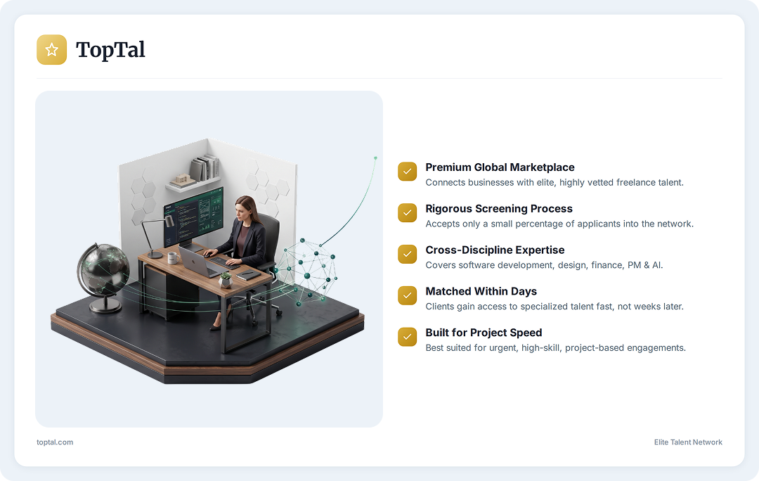 Isometric illustration of an elite freelance developer or designer working at a premium workstation with global connectivity elements, representing Toptal’s network of highly skilled global freelance talent with signature green accents.